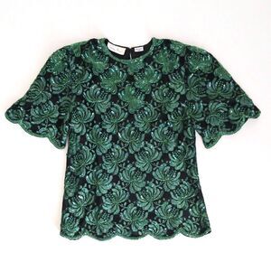 VTG Lawrence Kazar Beaded Top Green/Black Scalloped Hem Sleeves  PM Fits Sz S